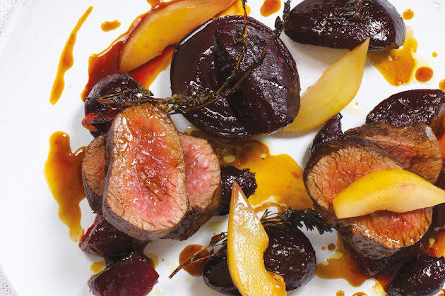 A delicious recipe for Roast Venison and Beetroot with Poached Pears