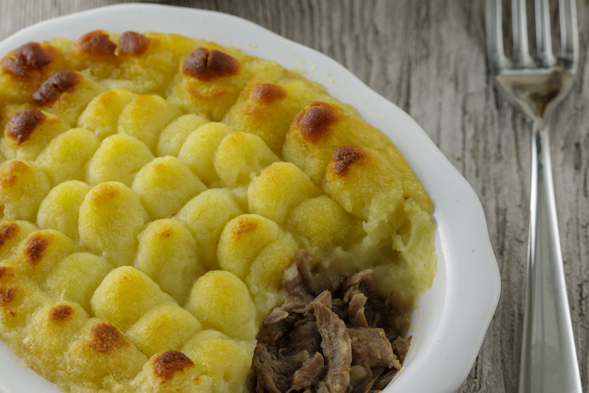 Pulled venison pie with mash