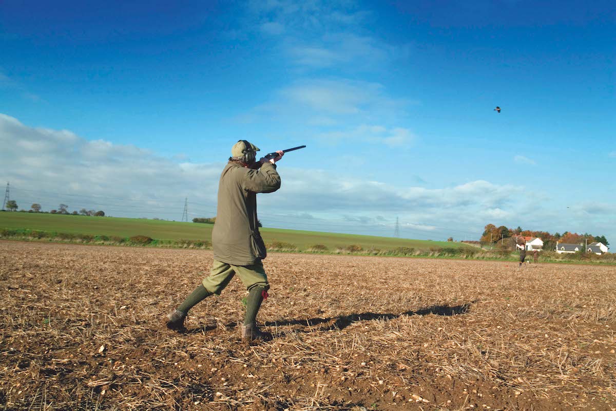 Man shooting shotgun in field